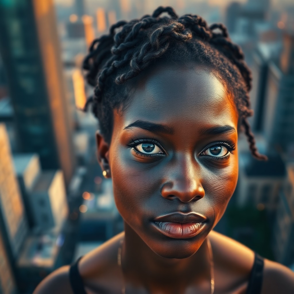 AI generated art for prompt: A highly detailed iPhone portrait captures an enigmatic African woman with shy blue eyes and dark, w