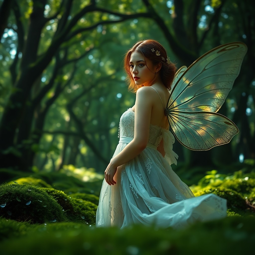 AI generated art for prompt: Imagine a hyperrealistic portrait of an ethereal nymph in an ancient enchanted forest. With iridesce