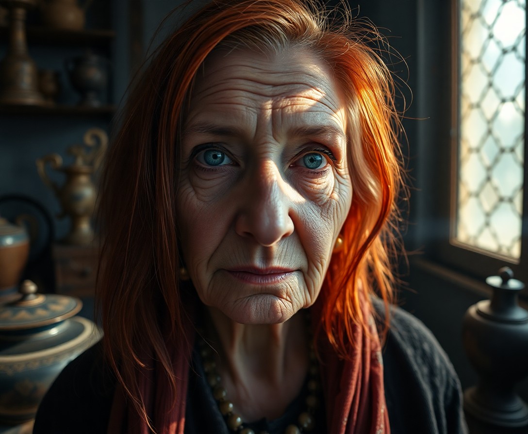 AI generated art for prompt: An enigmatic portrait of a Middle Eastern elderly woman with hazy blue eyes and delicate wrinkles, c