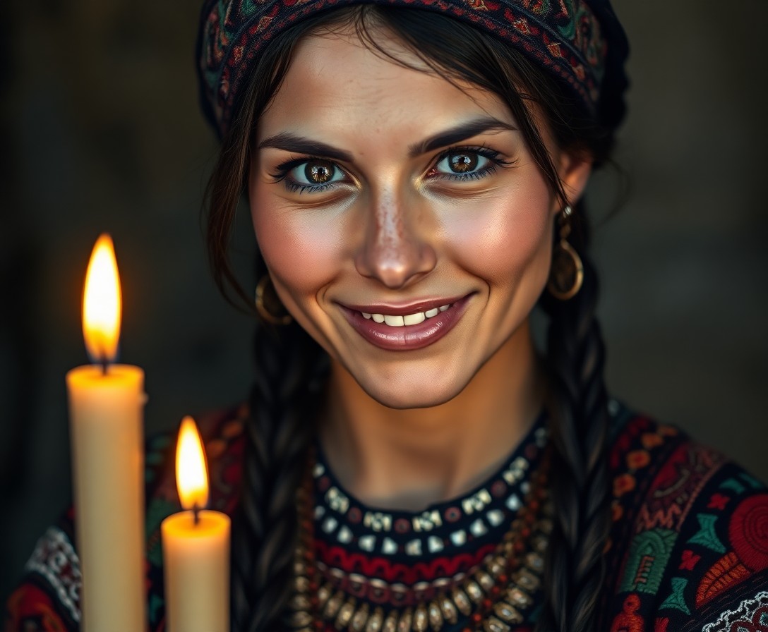 AI generated art for prompt: Craft a photorealistic portrait of an enchanting Romani Native American woman with captivating dark 