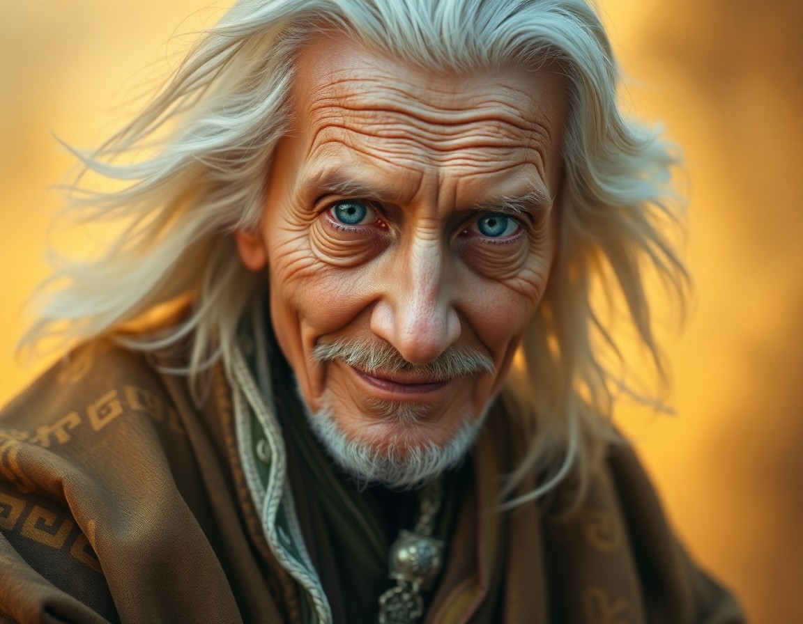 AI generated art for prompt: An ethereal portrait of an aged sage with warm blue eyes and flowing white hair emerges from a soft 