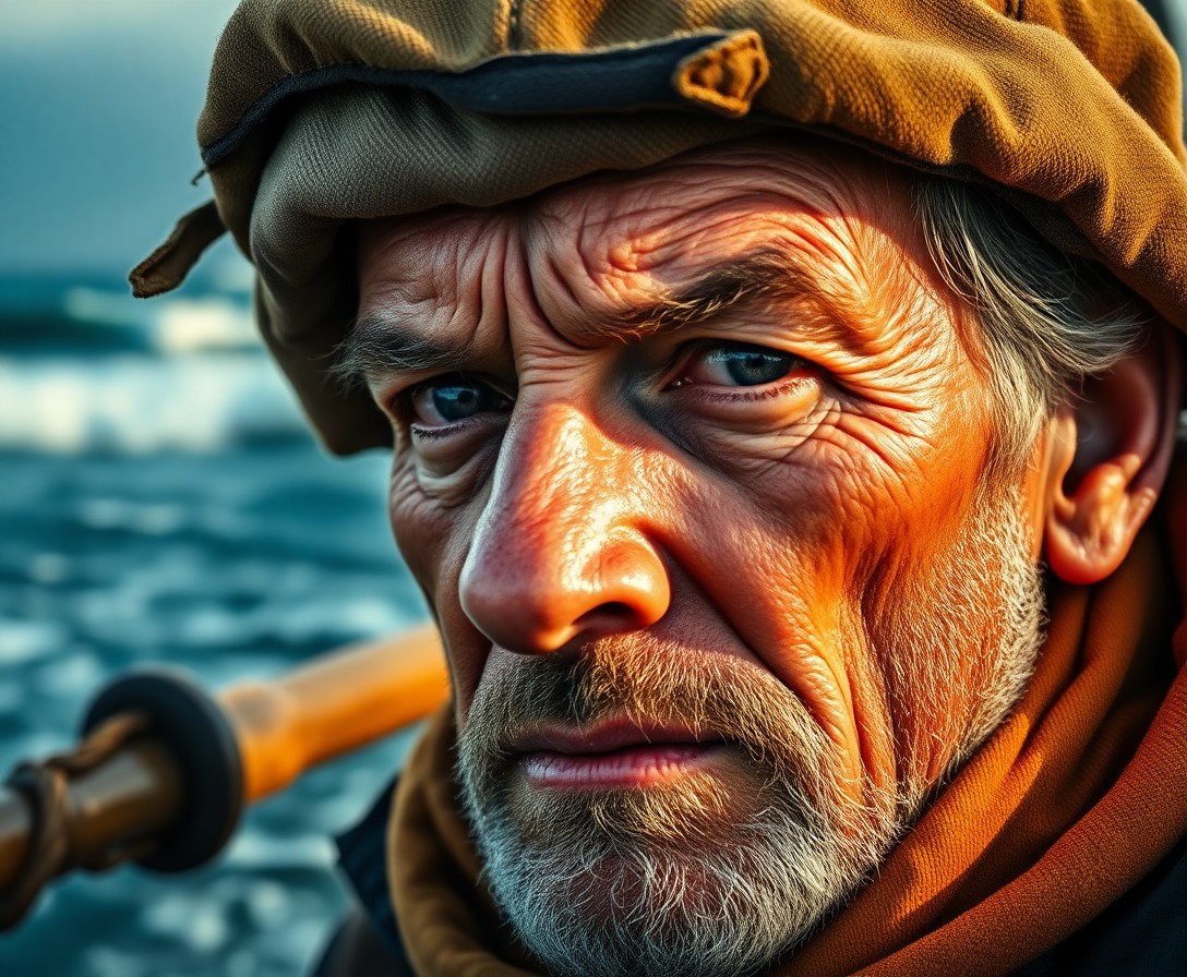 AI generated art for prompt: A close-up portrait showcases a weathered fisherman with intense, insightful eyes gazing towards the