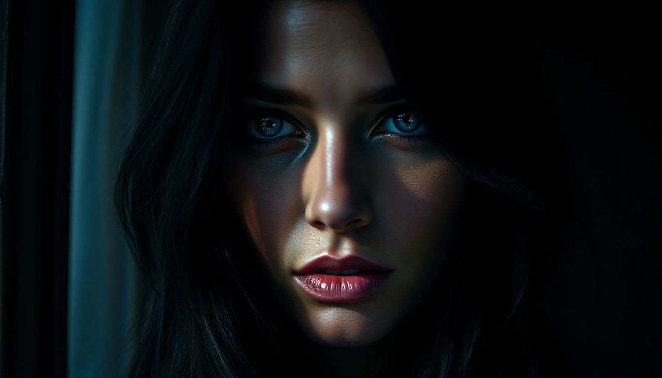 AI generated art for prompt: A photorealistic portrait of an enigmatic Latin American woman with melancholic blue eyes and cascad