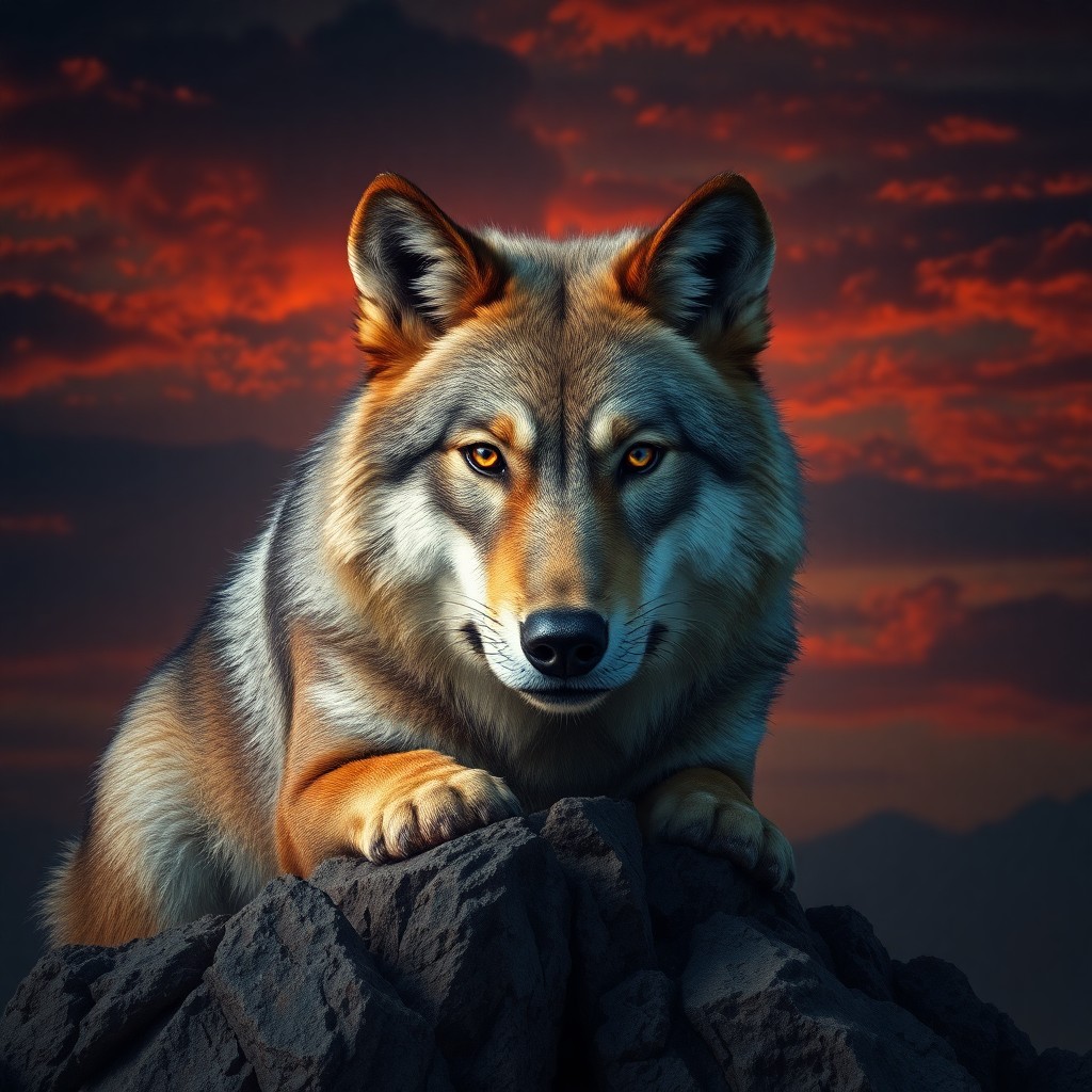 AI generated art for prompt: Craft a photorealistic portrait of a lone wolf with striking amber eyes and thick fur, silver-flecke