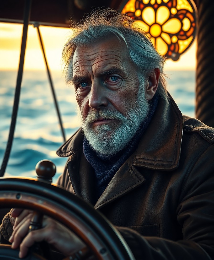 AI generated art for prompt: Envision a photorealistic portrait of an aged sea captain, his visage weathered by the wind and deca