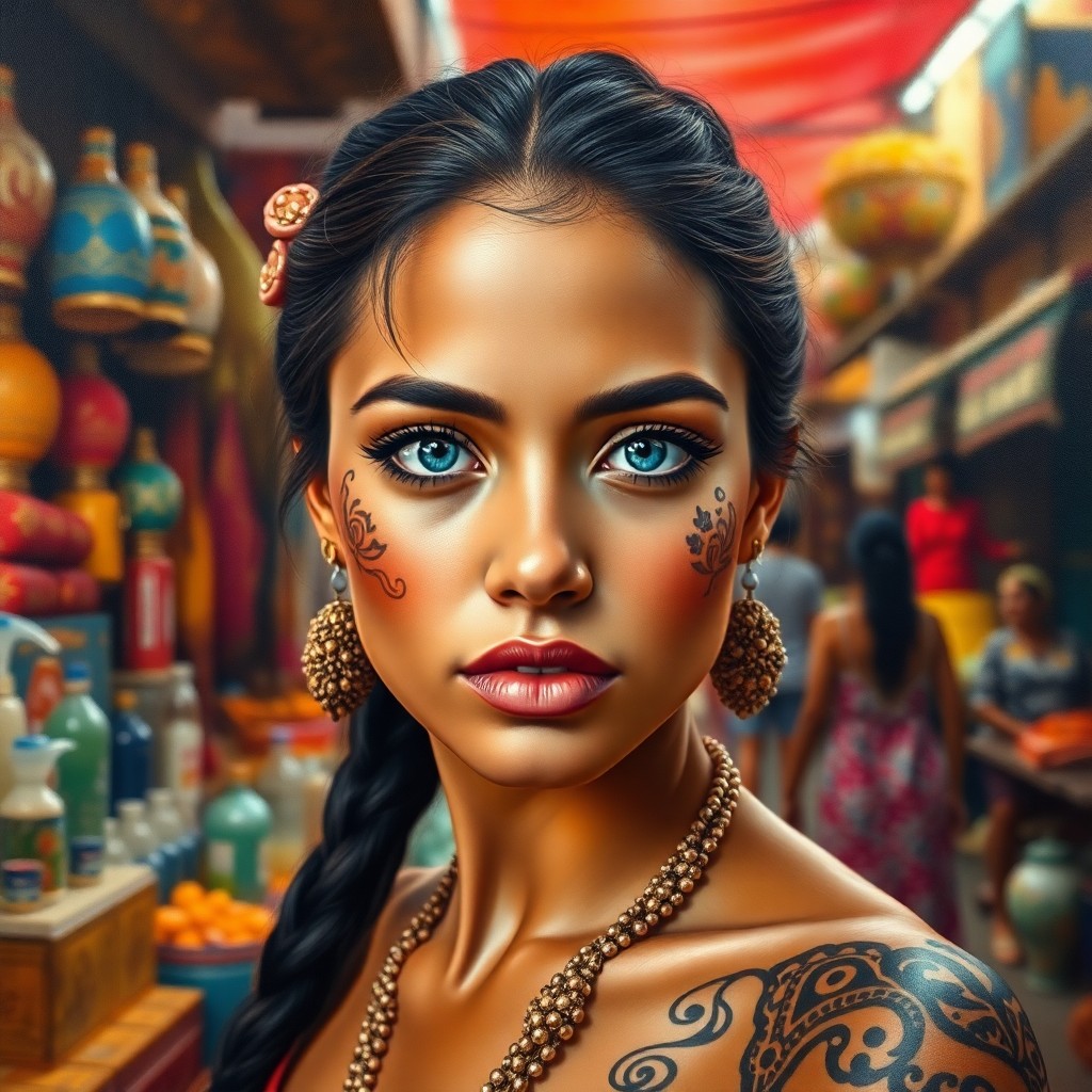 AI generated art for prompt: Craft a photorealistic oil painting of an enigmatic Polynesian woman with captivating blue eyes and 