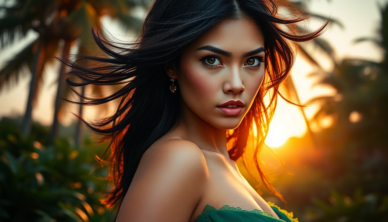 AI generated art for prompt: Mesmerizing portrait of a Polynesian woman with porcelain skin and windswept dark hair, her enigmati