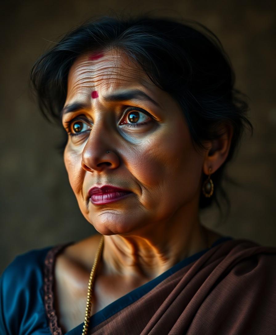 AI generated art for prompt: A hyperrealistic portrait featuring a middle-aged South Asian woman exuding wisdom and subtle melanc