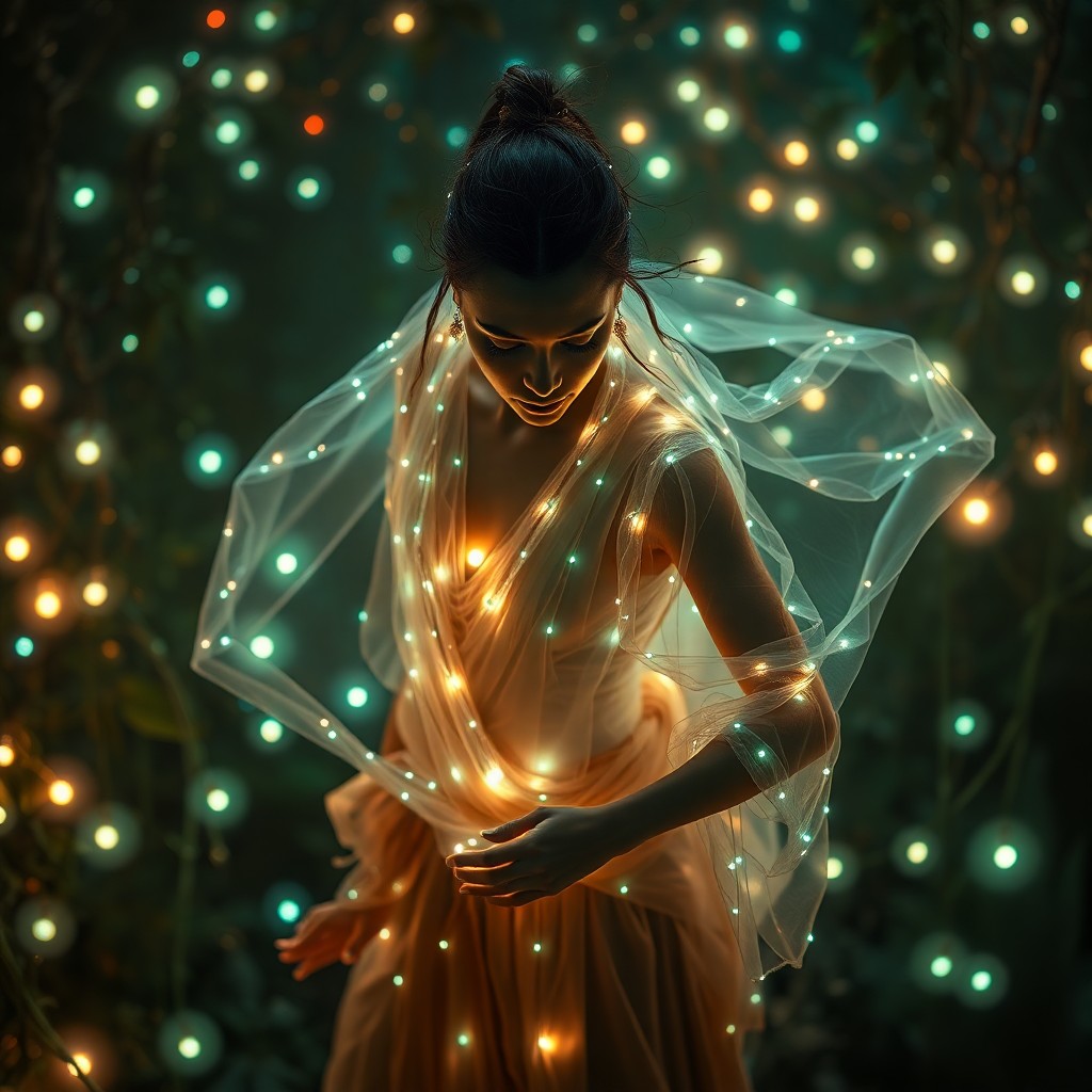 AI generated art for prompt: A captivating portrait reveals an enigmatic dancer amidst a hidden glade, their form illuminated by 