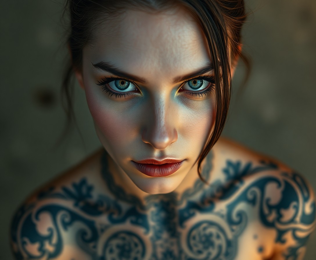 AI generated art for prompt: Craft a photorealistic portrait of an enigmatic woman with timid green eyes and intricate tattoos in