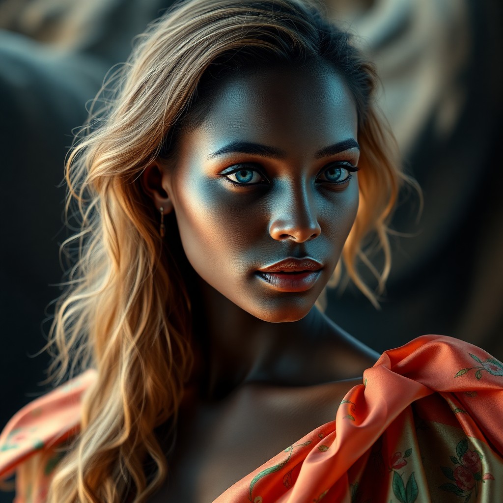 AI generated art for prompt: Craft a photorealistic portrait of a young Caribbean woman with striking melancholic blue eyes, casc