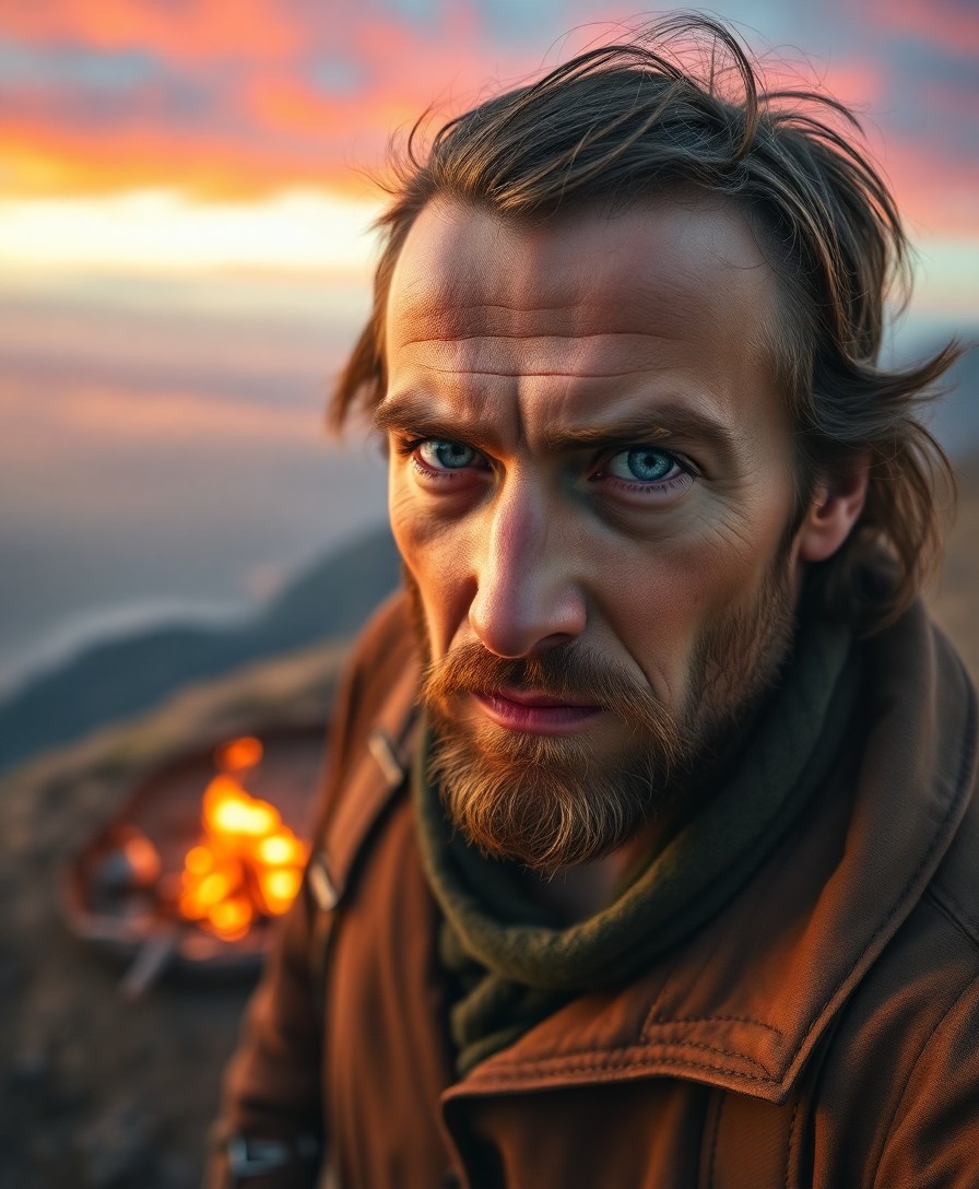 AI generated art for prompt: Create a photorealistic portrait of an enigmatic seasoned explorer with melancholic blue eyes, captu