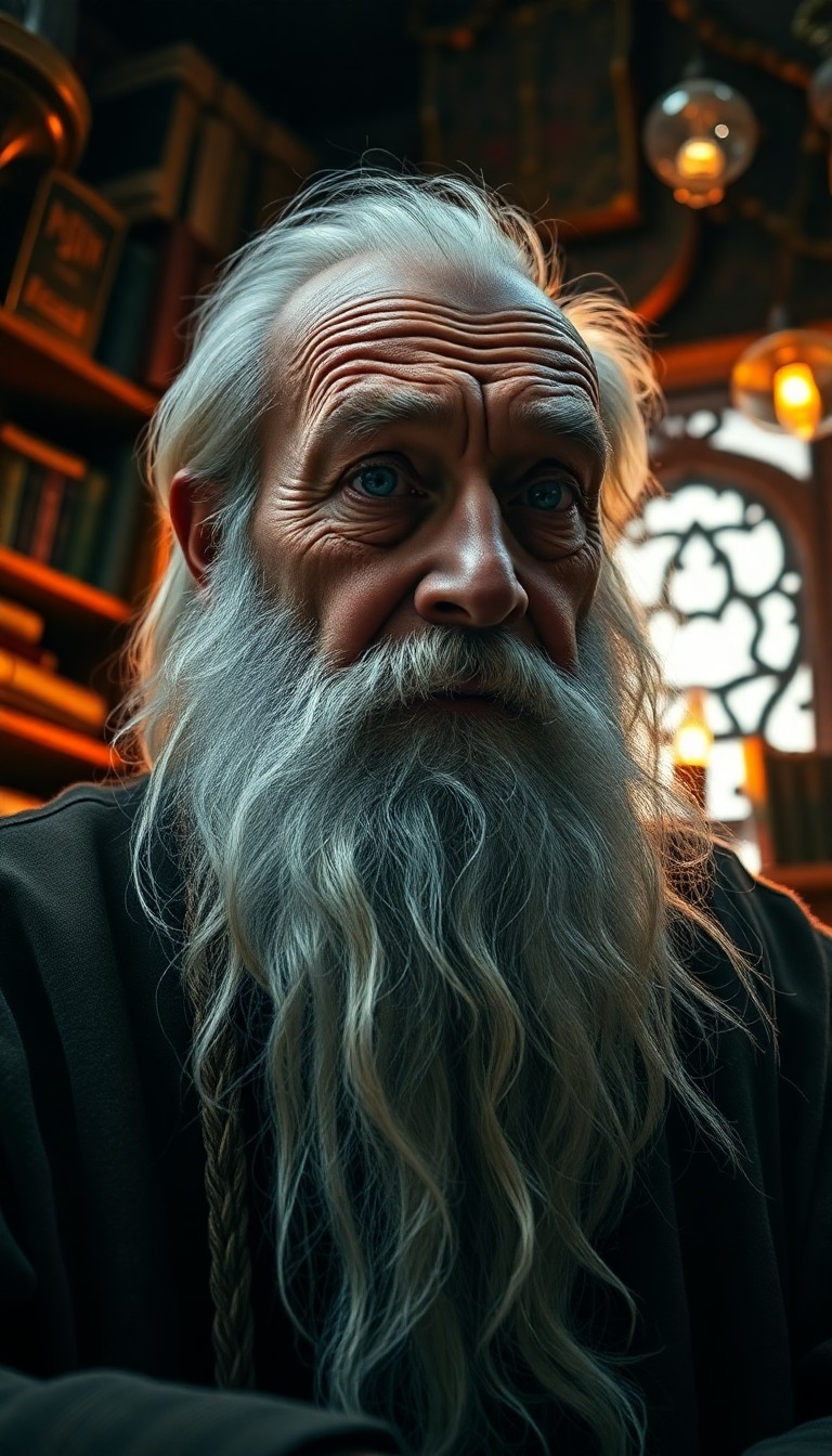 AI generated art for prompt: A low-angle portrait photograph of an aged wizard exuding wisdom and authority. His intricate wrinkl