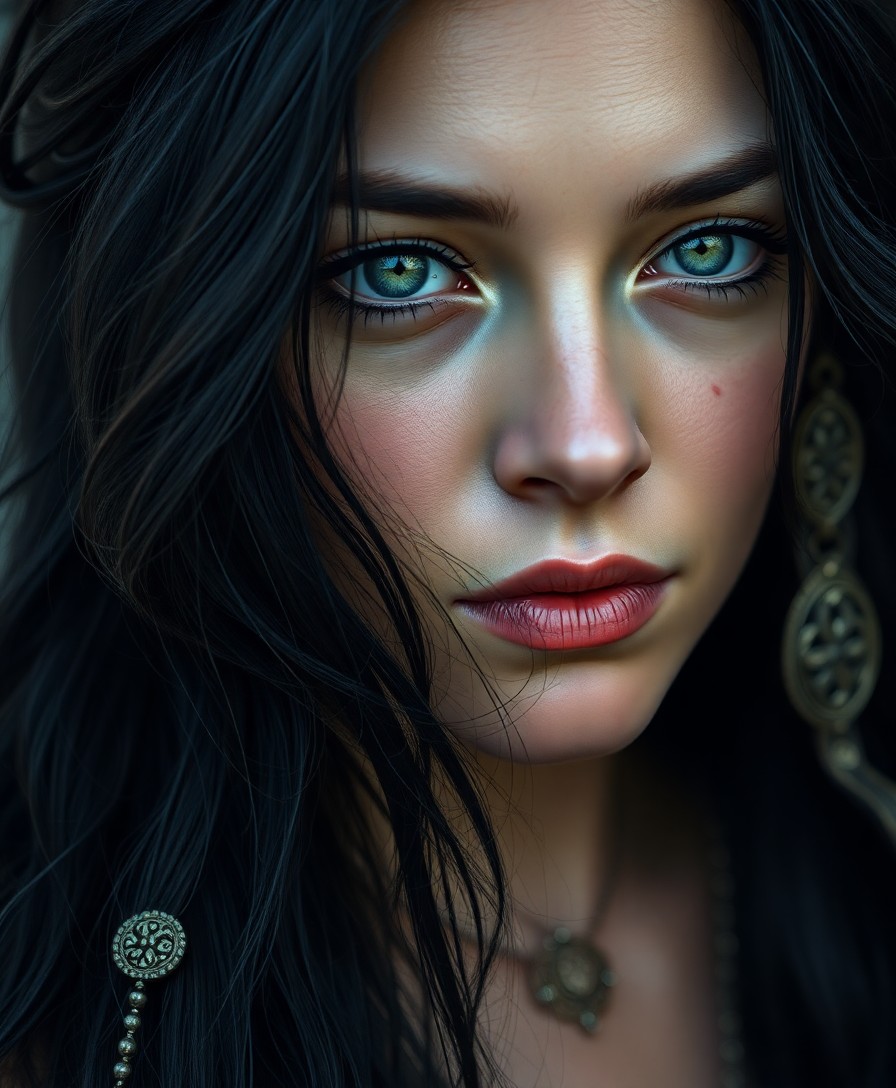 AI generated art for prompt: A captivating photorealistic portrait of an enigmatic Inuit woman with cascading raven hair veiling 