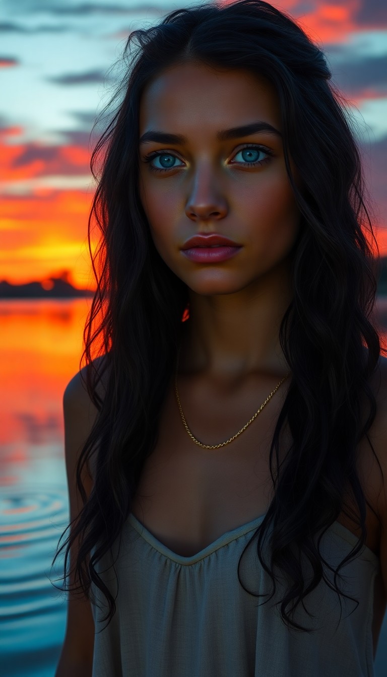 AI generated art for prompt: A photorealistic portrait captures a serene young Aboriginal woman with unfocused blue eyes and long