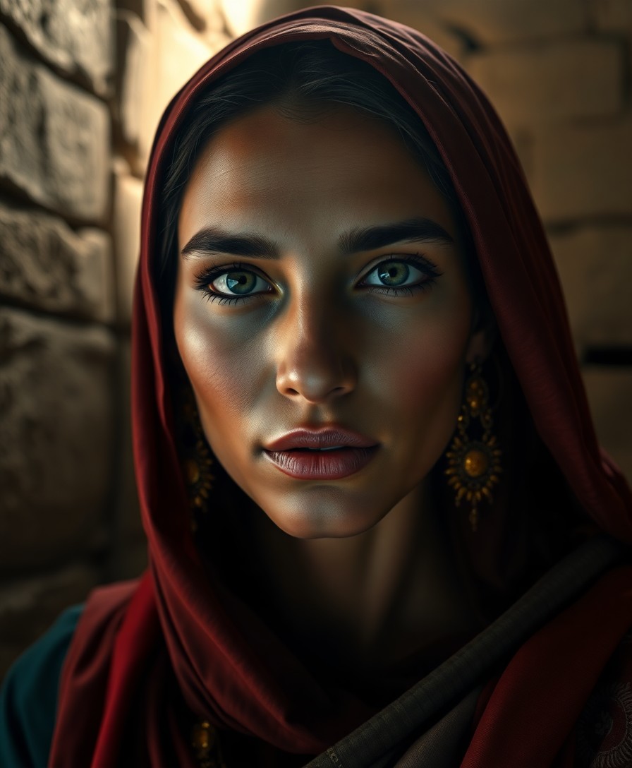 AI generated art for prompt: A mesmerizing photorealistic portrait of an enigmatic Middle Eastern woman from a distant era exudes