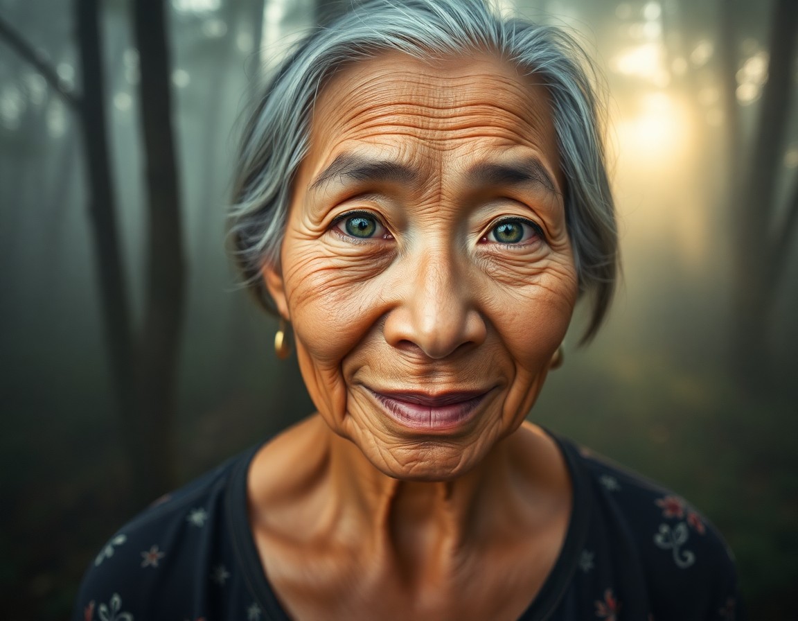 AI generated art for prompt: A hyperrealistic portrait of an elderly Pacific Islander woman with captivating green eyes, set amid