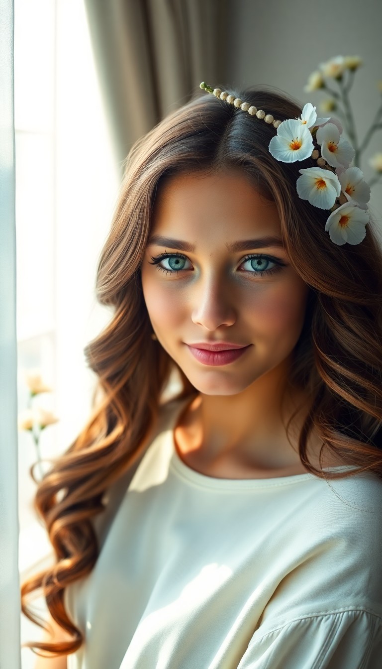 AI generated art for prompt: A highly realistic portrait depicts a young Native American woman with captivating blue-green eyes a