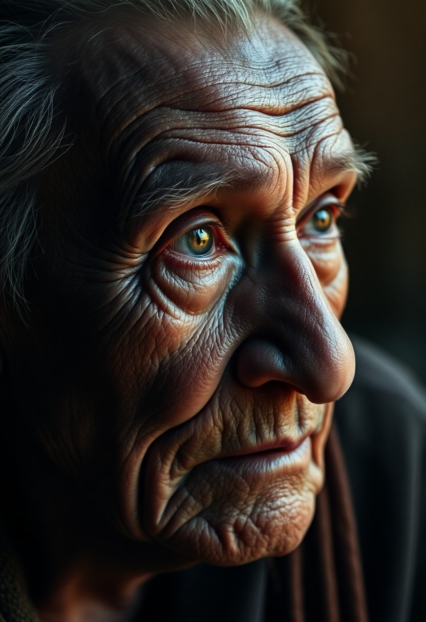 AI generated art for prompt: Imagine a portrait of an elderly sage with deep, knowing eyes, their gaze reflecting a lifetime's wi