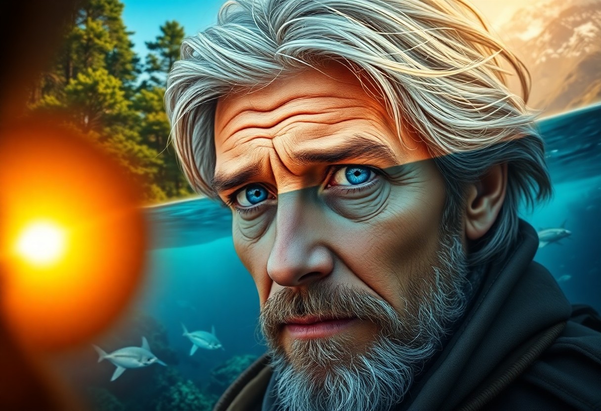 AI generated art for prompt: A highly detailed portrait depicts a seasoned adventurer with rugged features, docile blue eyes, and