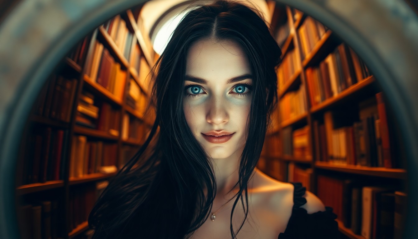 AI generated art for prompt: A captivating fine art portrait captures an enigmatic female mystic with shy blue eyes and flowing r