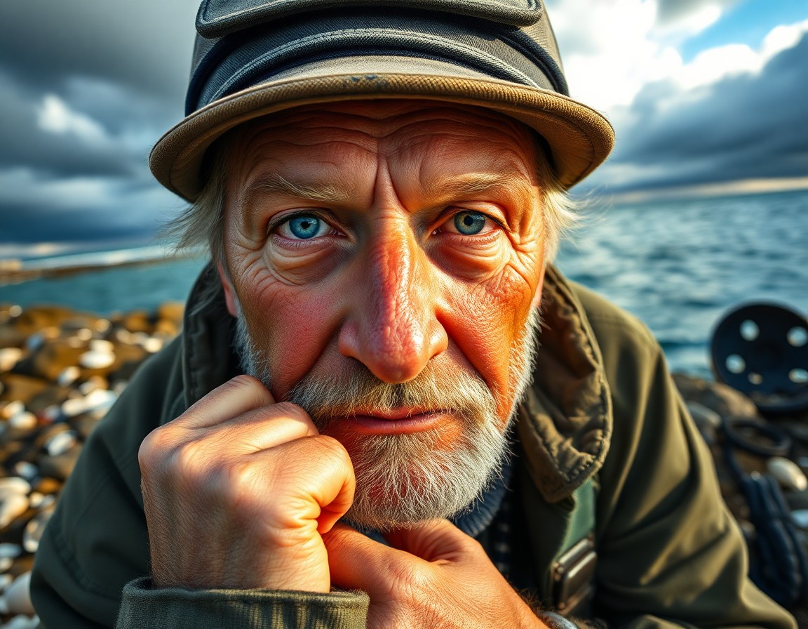 AI generated art for prompt: Craft a hyperrealistic portrait capturing an enduring lighthouse keeper with rugged features, sun-ki