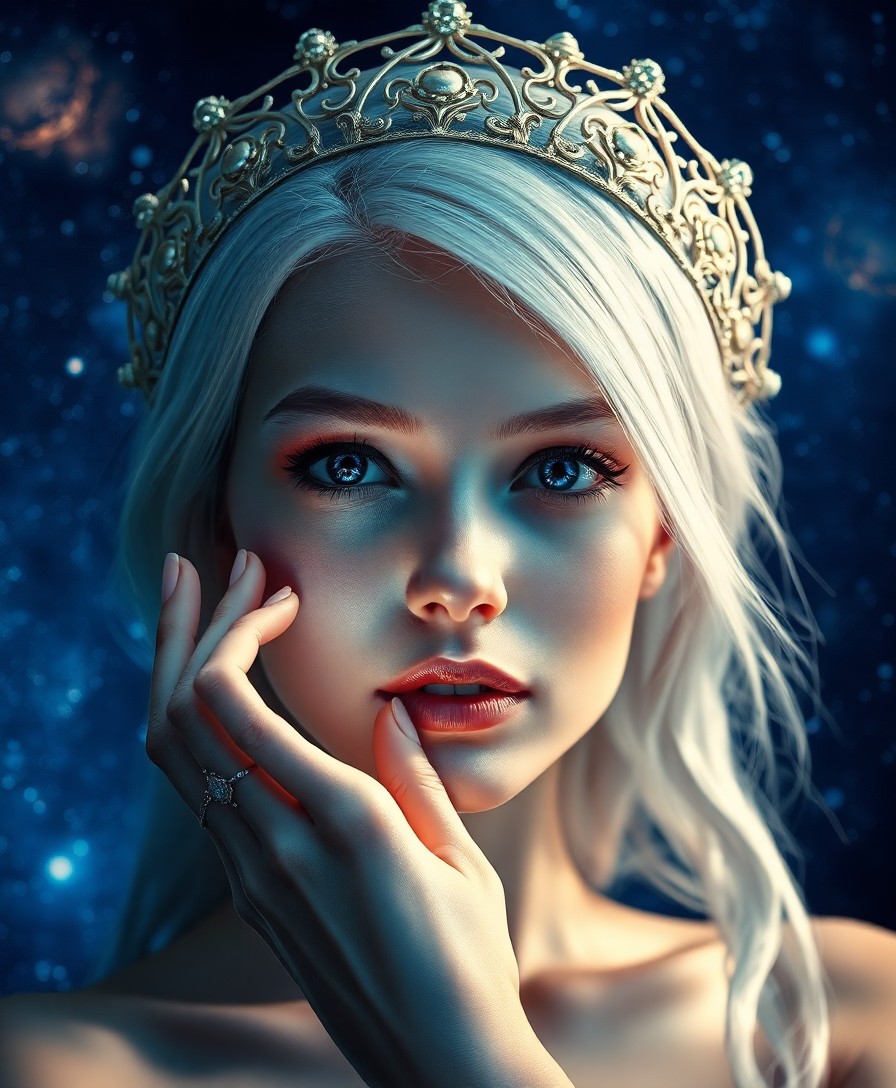 AI generated art for prompt: A captivating female astral voyager with deep sapphire eyes and ethereal silver hair poses against a