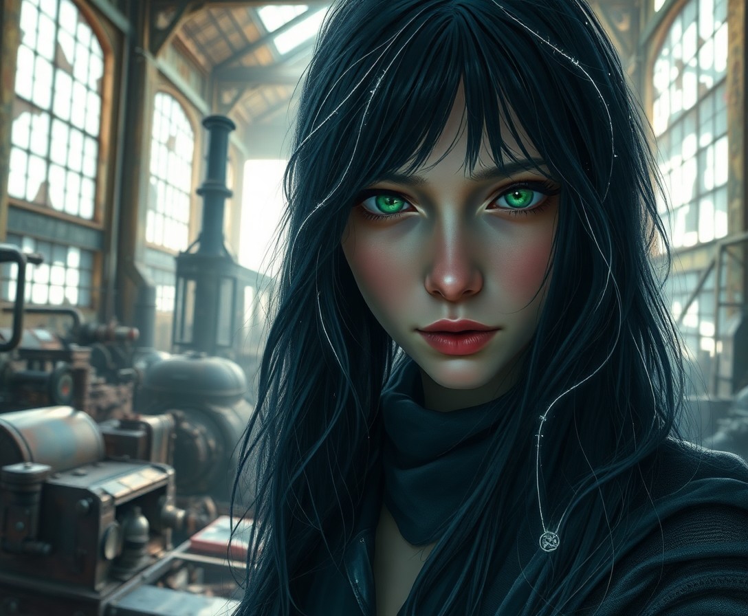 AI generated art for prompt: A high-resolution digital painting portrays an enigmatic figure with piercing green eyes and raven h