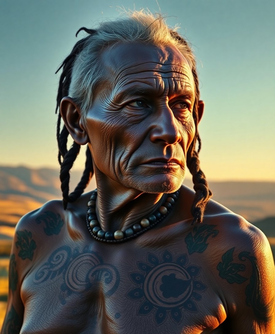 AI generated art for prompt: Create a contemporary photorealistic portrait of a rustic tribal elder with deeply etched skin, ador