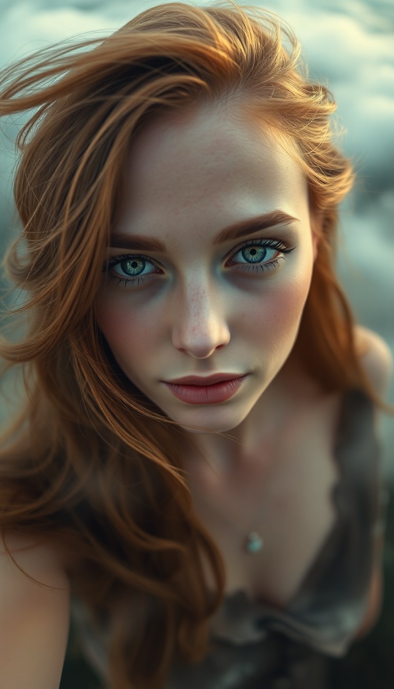 AI generated art for prompt: A captivating photorealistic portrait of a Caucasian woman with gentle green eyes and flowing chestn