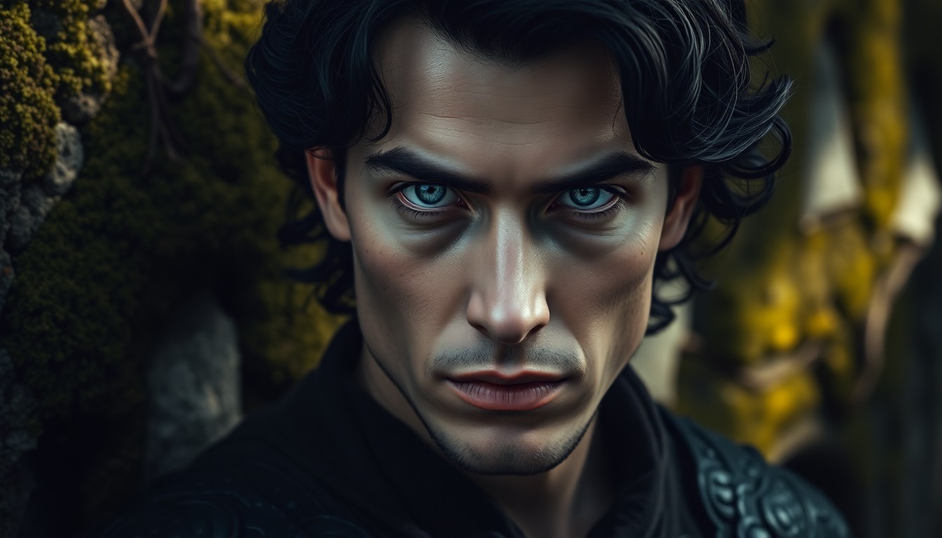 AI generated art for prompt: An enigmatic male figure with piercing blue eyes and defined cheekbones emerges from a mystical fore