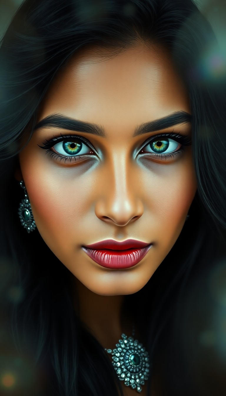 AI generated art for prompt: Craft a hyper-realistic oil painting portrait of a South Asian woman with deep green eyes and cascad