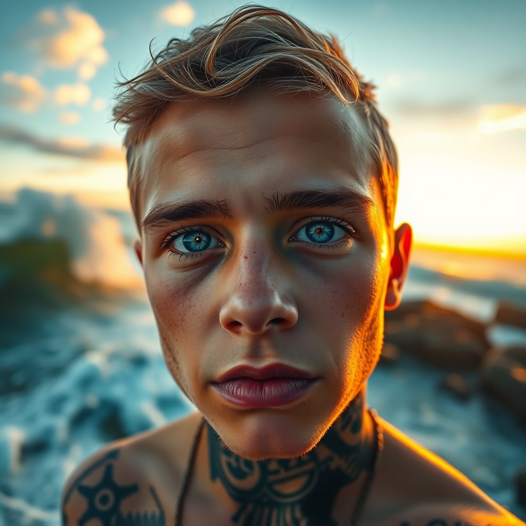 AI generated art for prompt: Envision a captivating portrait of a sun-kissed boy with dreamy blue eyes and an intricate network o