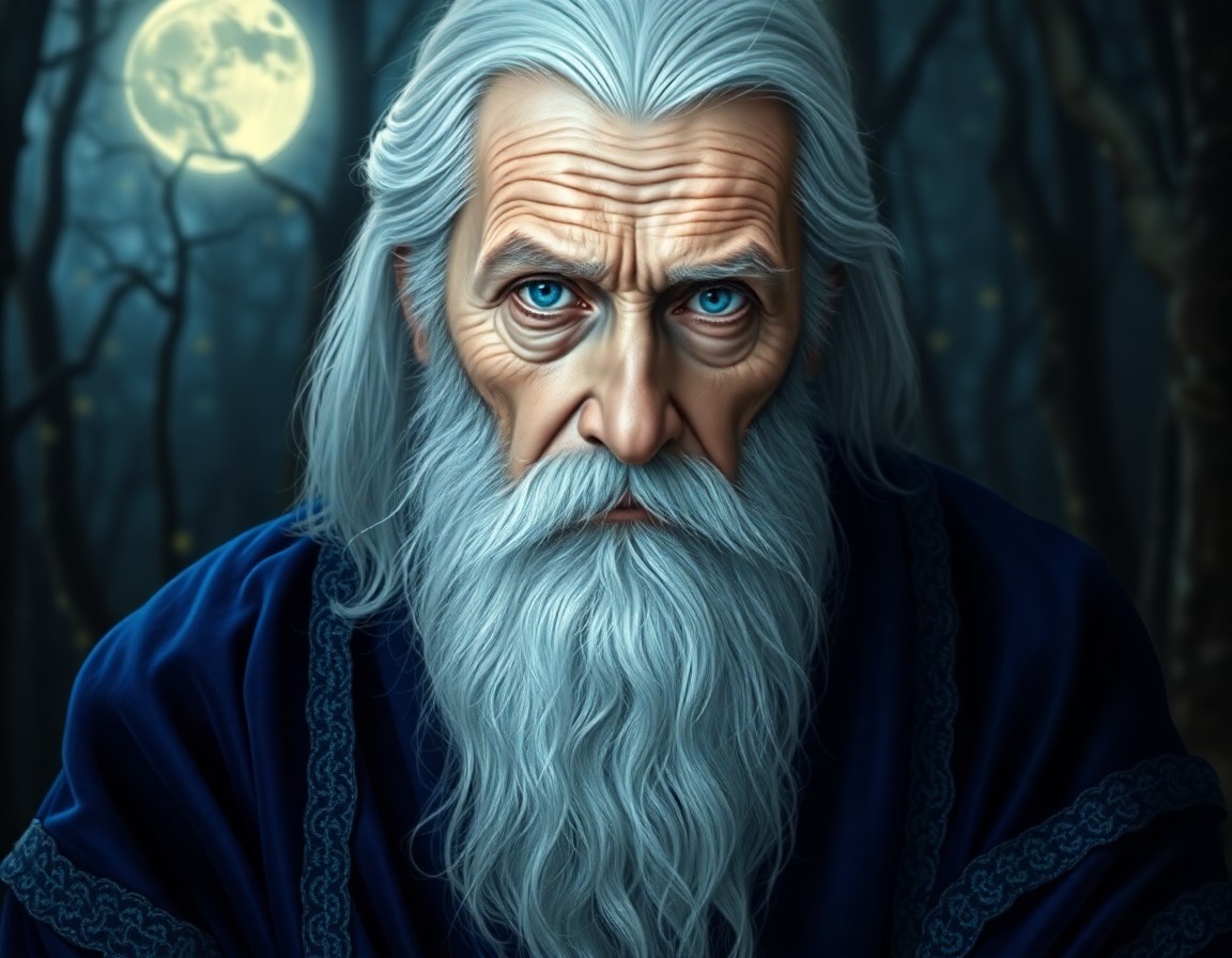 AI generated art for prompt: Craft a portrait of an aged wizard with long white hair and piercing blue eyes, his face etched with