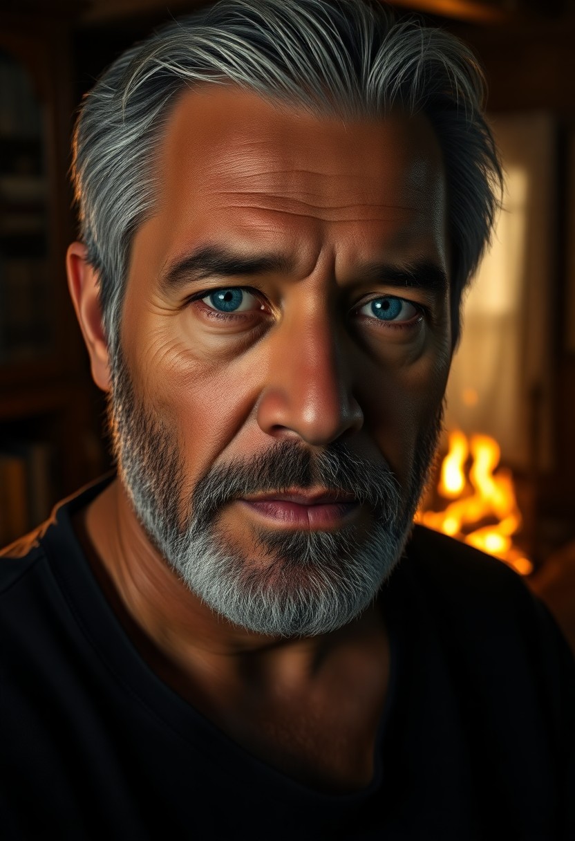 AI generated art for prompt: Render a hyperrealistic portrait of a middle-aged Pacific Islander man with rugged features and gray