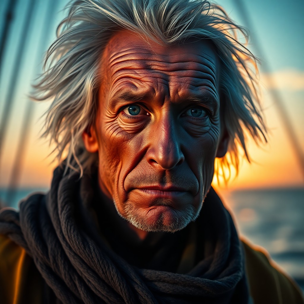 AI generated art for prompt: A portrait photograph immortalizes an enigmatic sailor with warm blue eyes, reflecting the sea's mys