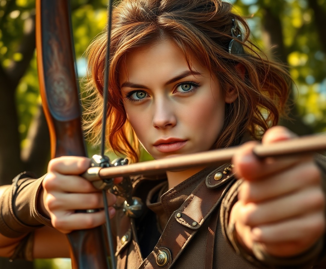 AI generated art for prompt: Visualize an archer's portrait, showcasing gentle green eyes amidst tousled chestnut hair and sun-ki