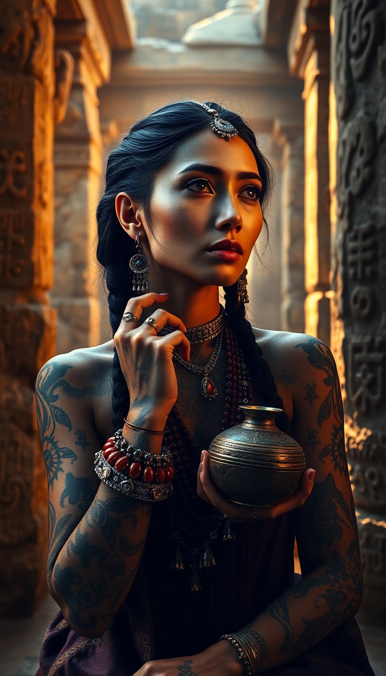 AI generated art for prompt: Craft a hyper-realistic portrait with cinematic lighting, showcasing a mysterious Central Asian woma