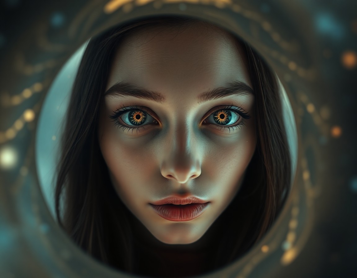 AI generated art for prompt: A hyperrealistic portrait depicts an enigmatic female time traveler's piercing gaze in a close-up vi