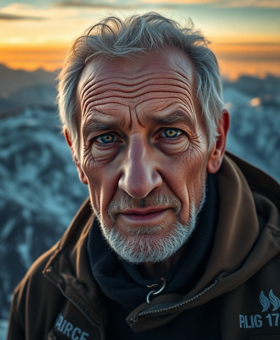 AI generated art for prompt: Aged mountain climber's portrait captured with a mirrorless camera at dawn, where golden light filte