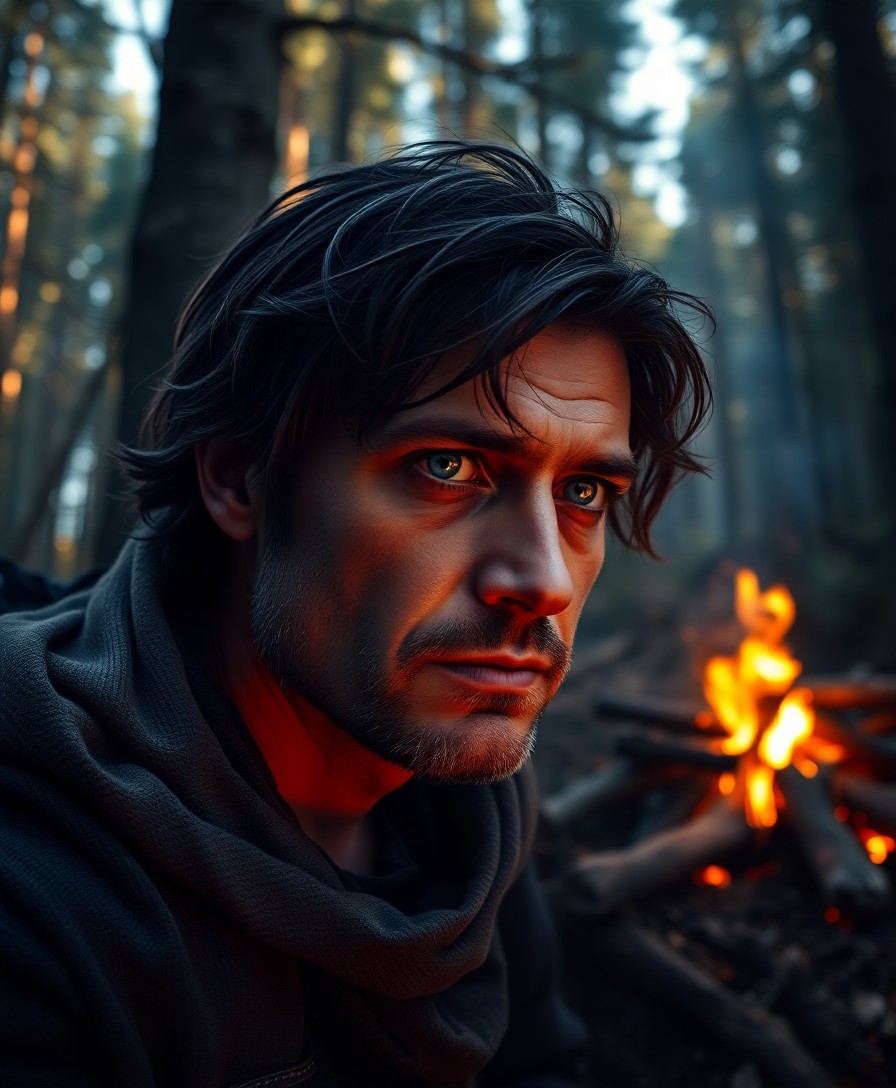 AI generated art for prompt: Create a hyperrealistic portrait of an intrepid adventurer with warm blue eyes and tousled dark hair