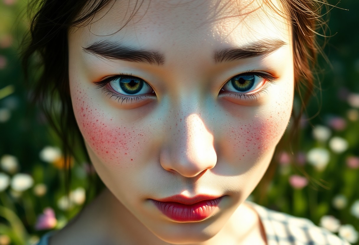 AI generated art for prompt: Craft a photorealistic portrait of an East Asian woman with freckles and pale skin, her hazy green e