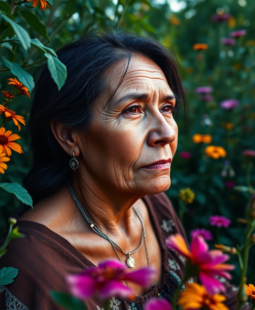 AI generated art for prompt: A hyperrealistic portrait showcases a middle-aged Native American woman, her face adorned with deep 