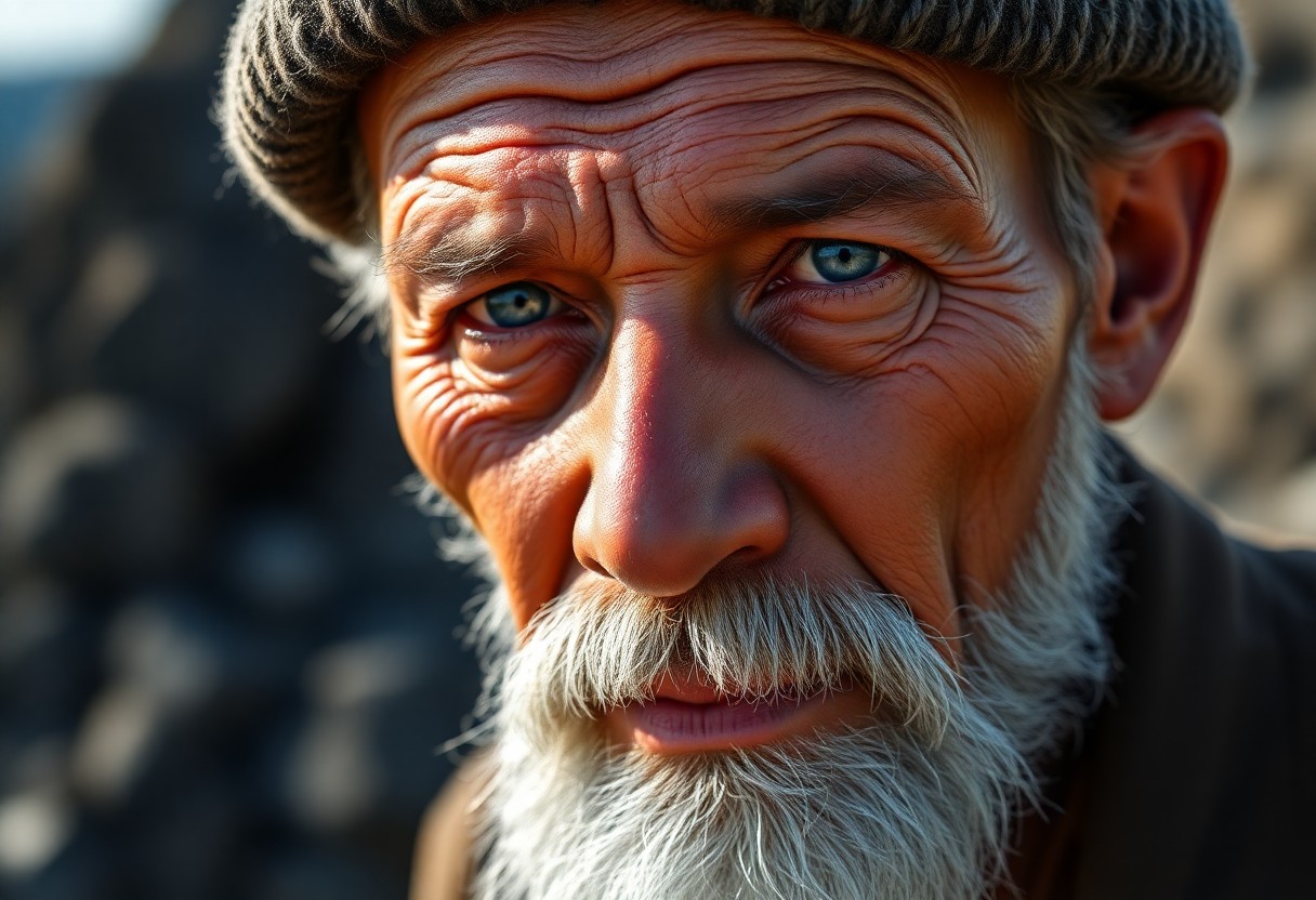 AI generated art for prompt: A photorealistic portrait of a rugged Pacific Islander elder with sun-kissed skin and unfocused blue