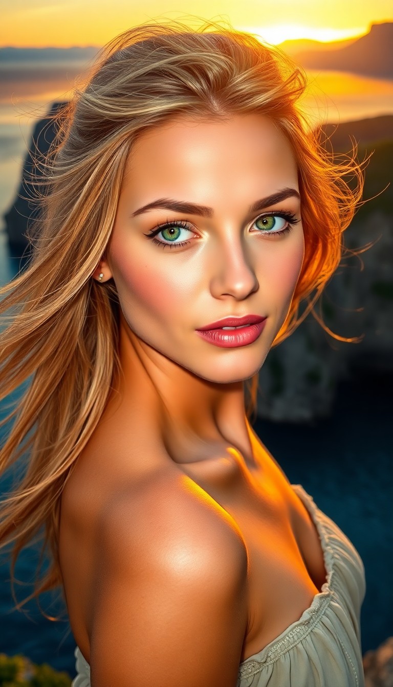 AI generated art for prompt: A photorealistic portrait depicts a 35-year-old Caucasian woman with mesmerizing emerald eyes and su