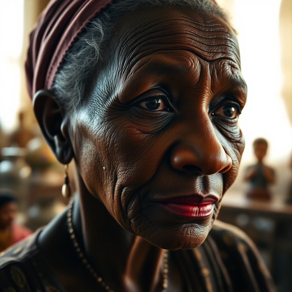 AI generated art for prompt: Envision an intimate portrait of a thoughtful elderly Sub-Saharan African woman with weathered skin,