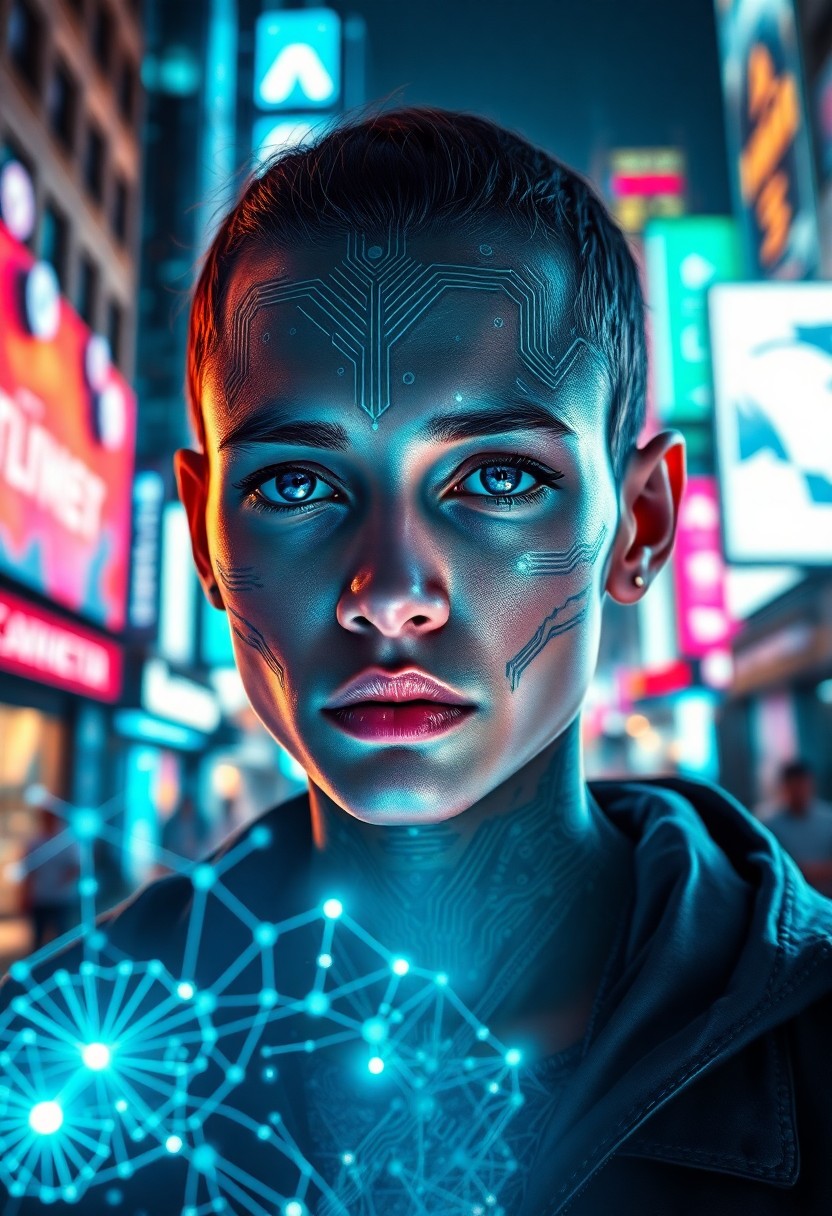 AI generated art for prompt: A photorealistic portrait captures a futuristic cyberpunk street artist with ethereal features adorn