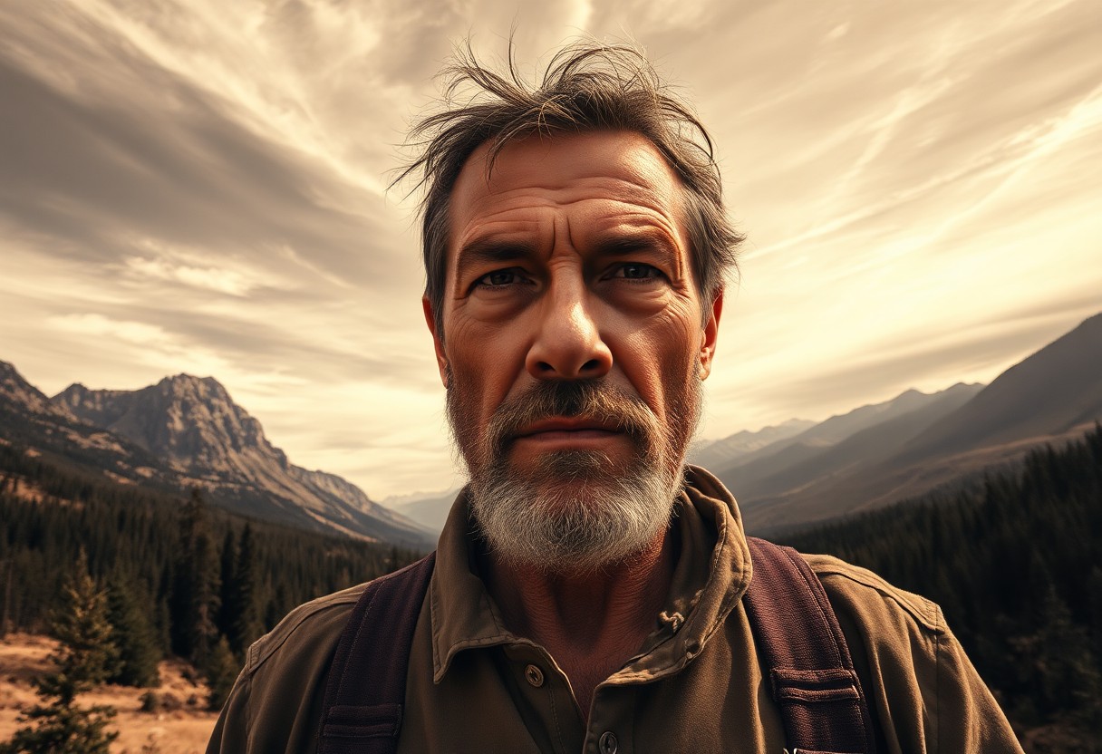 AI generated art for prompt: A photorealistic portrait captures a stoic frontier settler standing amidst untamed wilderness from 