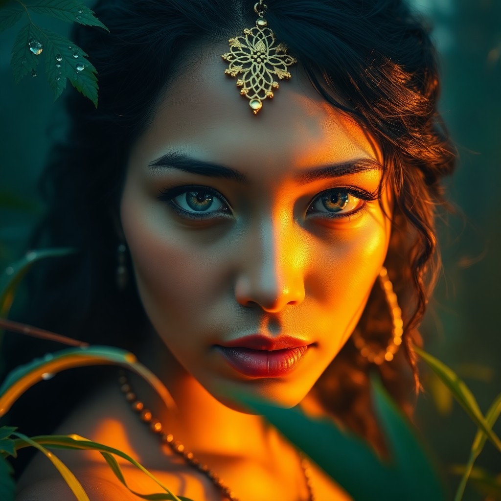 AI generated art for prompt: Craft a captivating portrait of a Polynesian woman with mesmerizing amber eyes and lustrous raven-bl