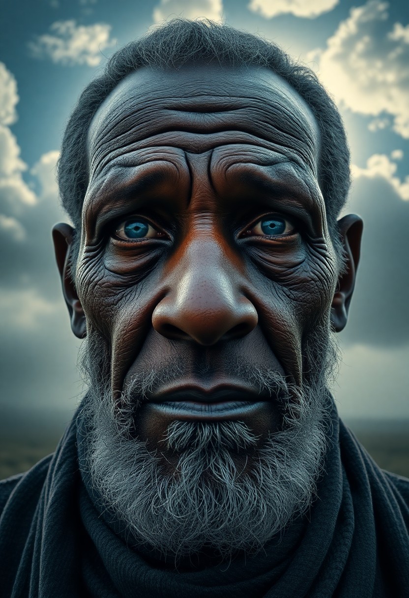 AI generated art for prompt: Craft an intricate photorealistic portrait of an enigmatic elderly Caribbean man with tender blue ey